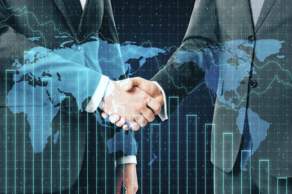 Handshake with falling forex chart. Teamwork and stock concept. Double exposure